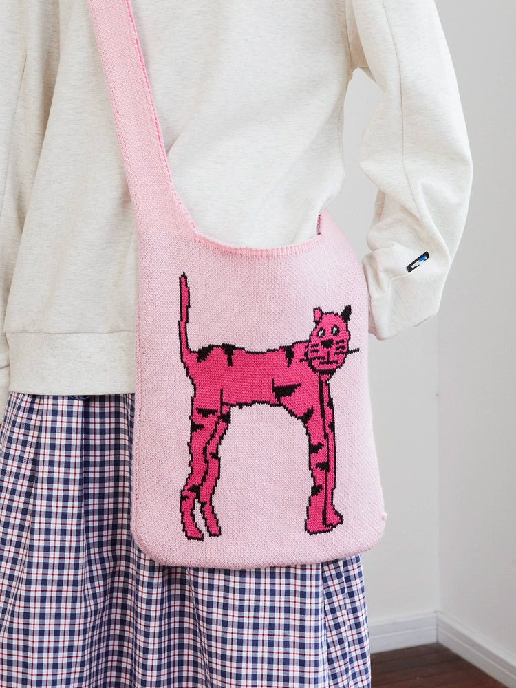 Mood Like Me Knitted Yarn Pink Cat Illustration Jacquard Crossbody Bag