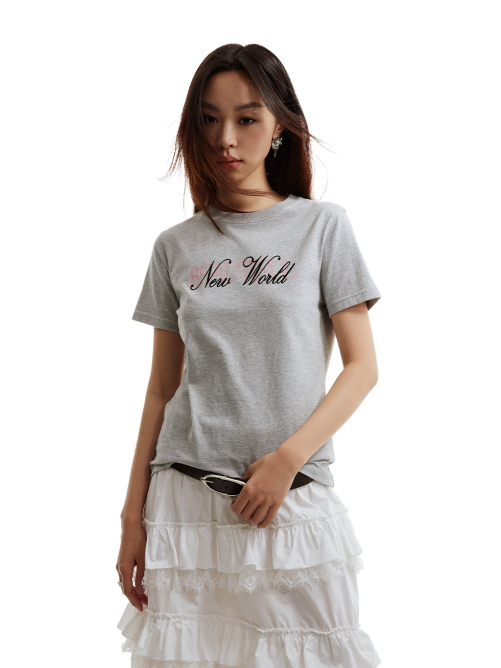 FUNKYFUN Flocking Printed Front Shoulder Tee