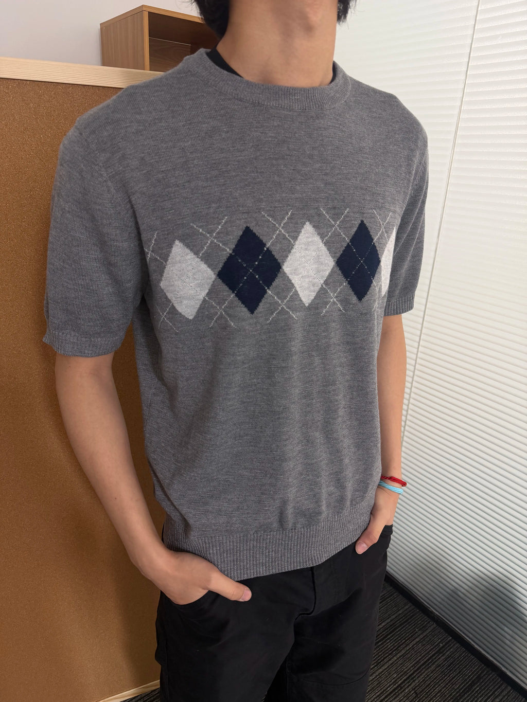 MANUSCRIPT Rhombus Breathable Front Shoulder Knitted Tee