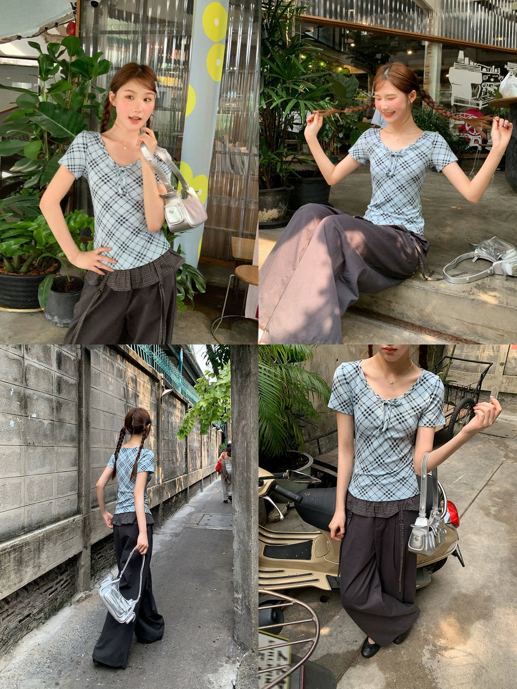 KANO Strap V-neck Contrasting Color Plaid Slim Tee