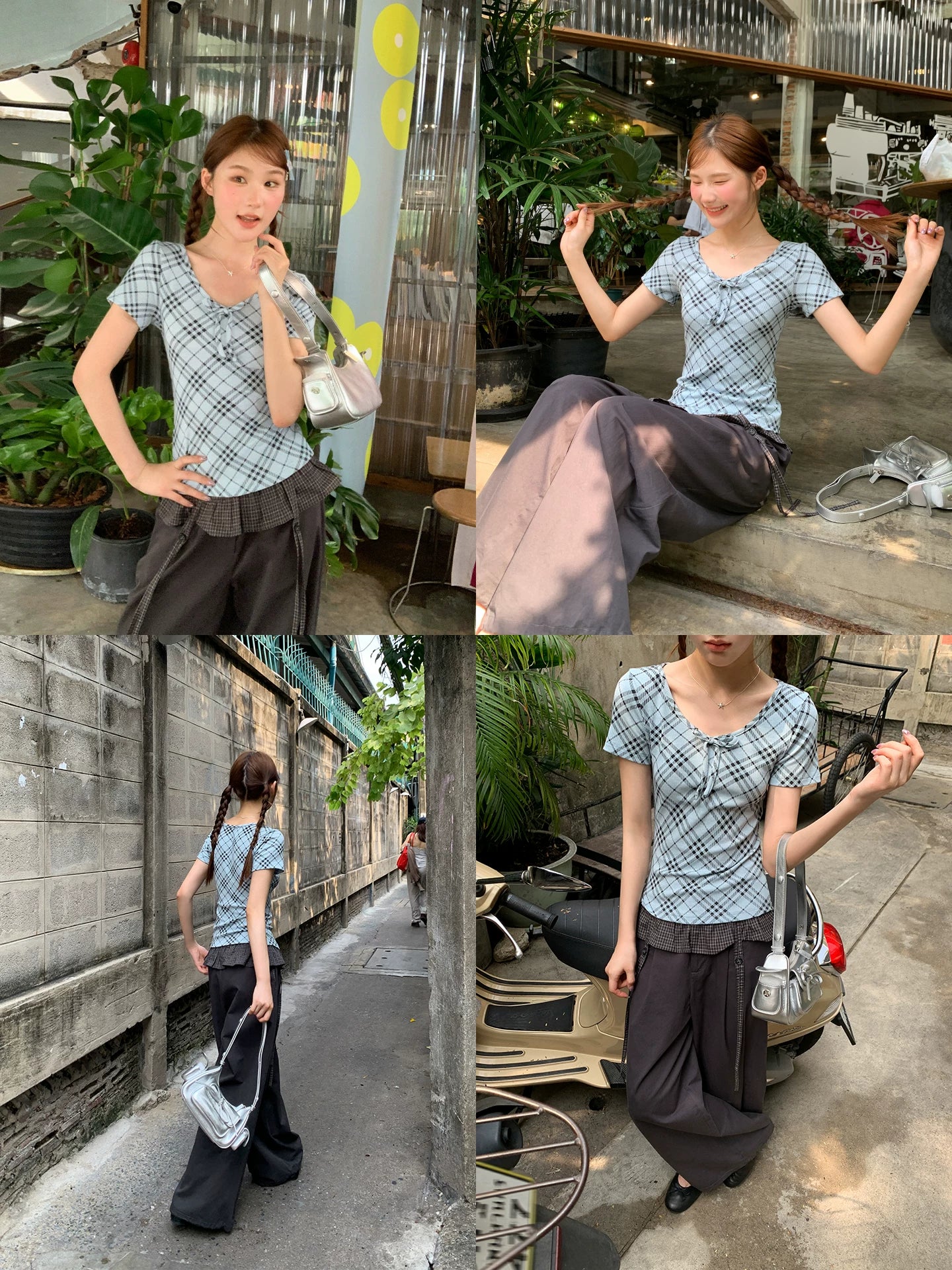 KANO Strap V-neck Contrasting Color Plaid Slim Tee