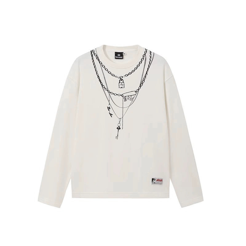 DSM Lock Necklace Printed Letter Embroidered Pullover Sweater