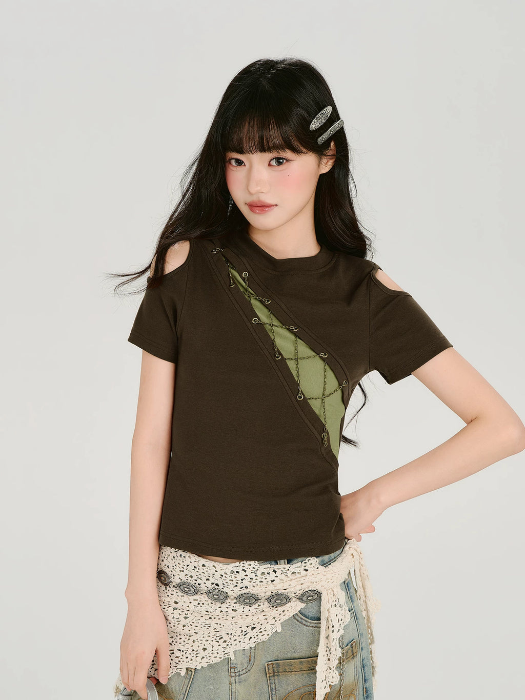 Girlyhalo Vintage Fake Two Piece Splicing Off-Shoulder Slim Tee