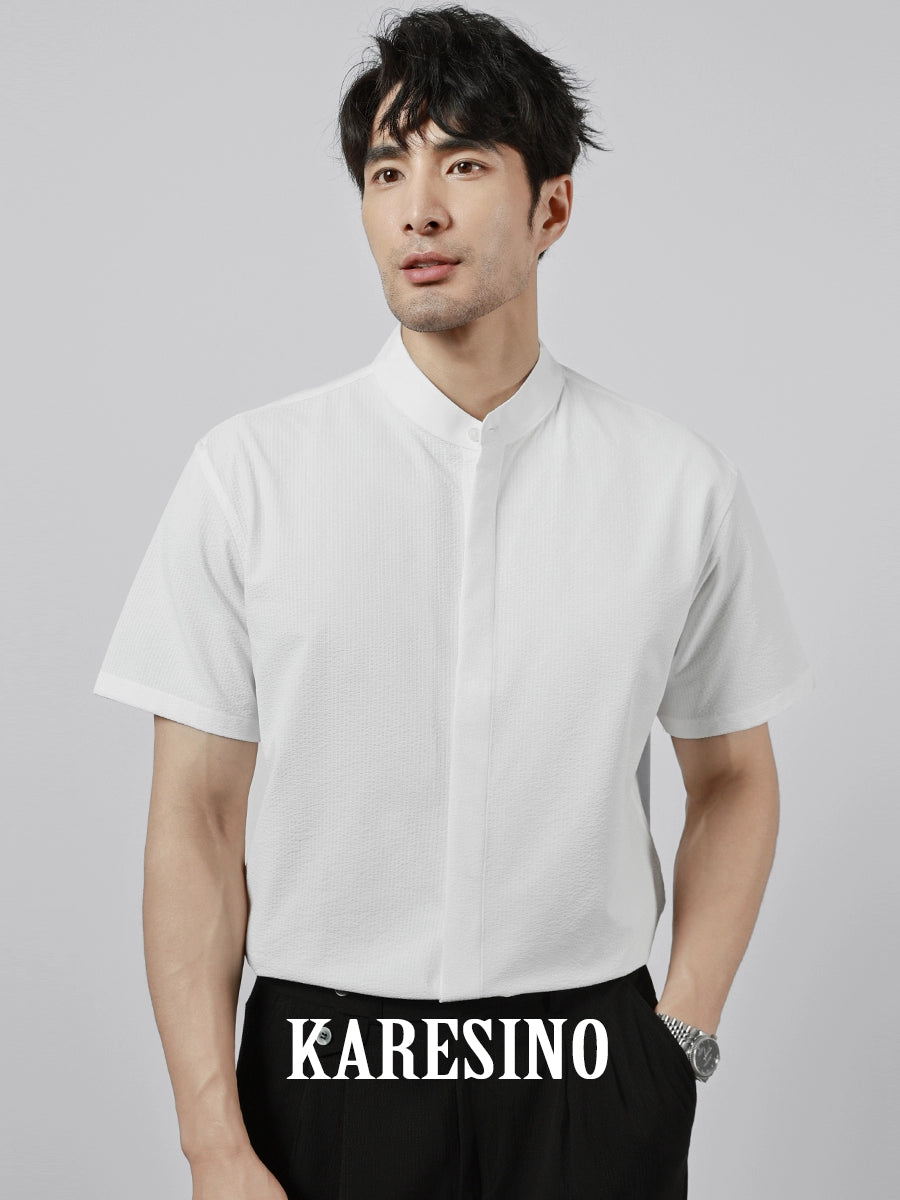 KARESINO Stand-up Collar Casual No-iron Striped Short-sleeved Shirt