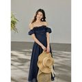 TYANG Two Wear Three-dimensional Ruffle Edge One-word Shoulder Striped Dress