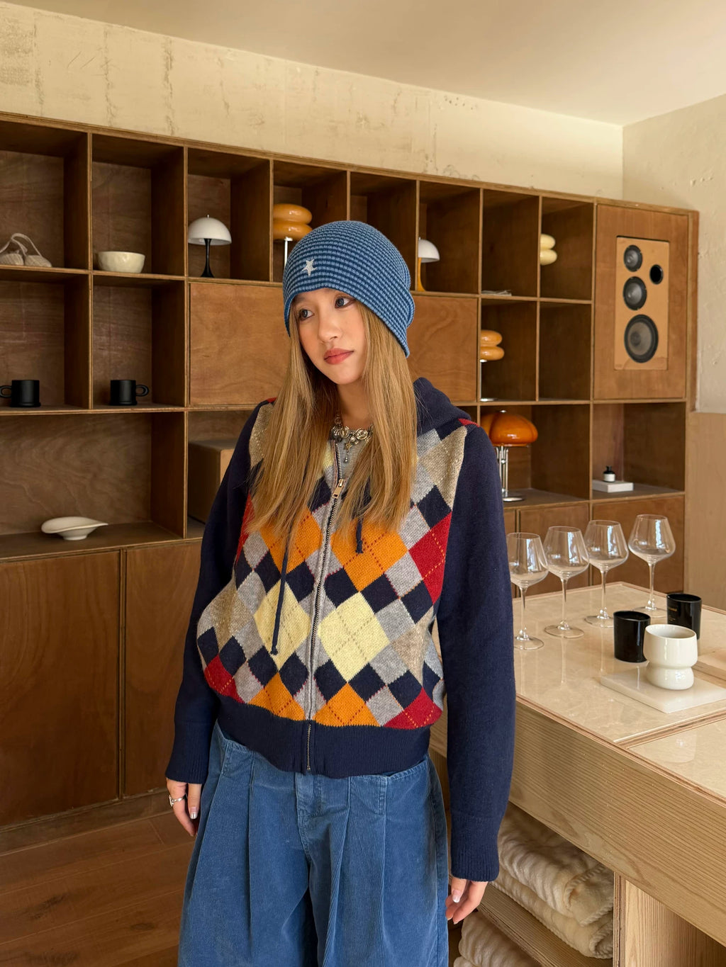 CCYE Vintage Rhombus Hooded Sweater Knitted Cardigan Jacket