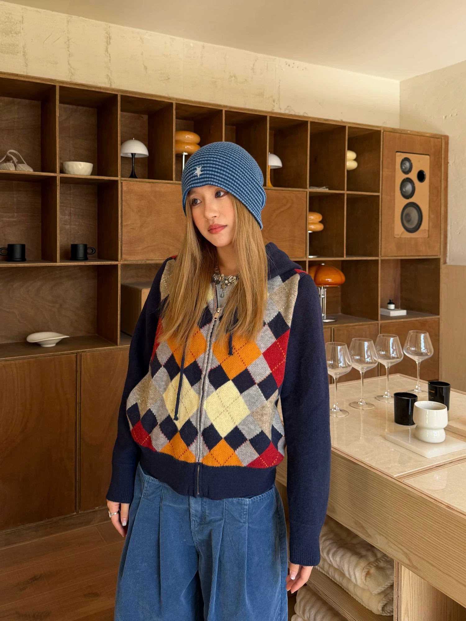 CCYE Vintage Rhombus Hooded Sweater Knitted Cardigan Jacket
