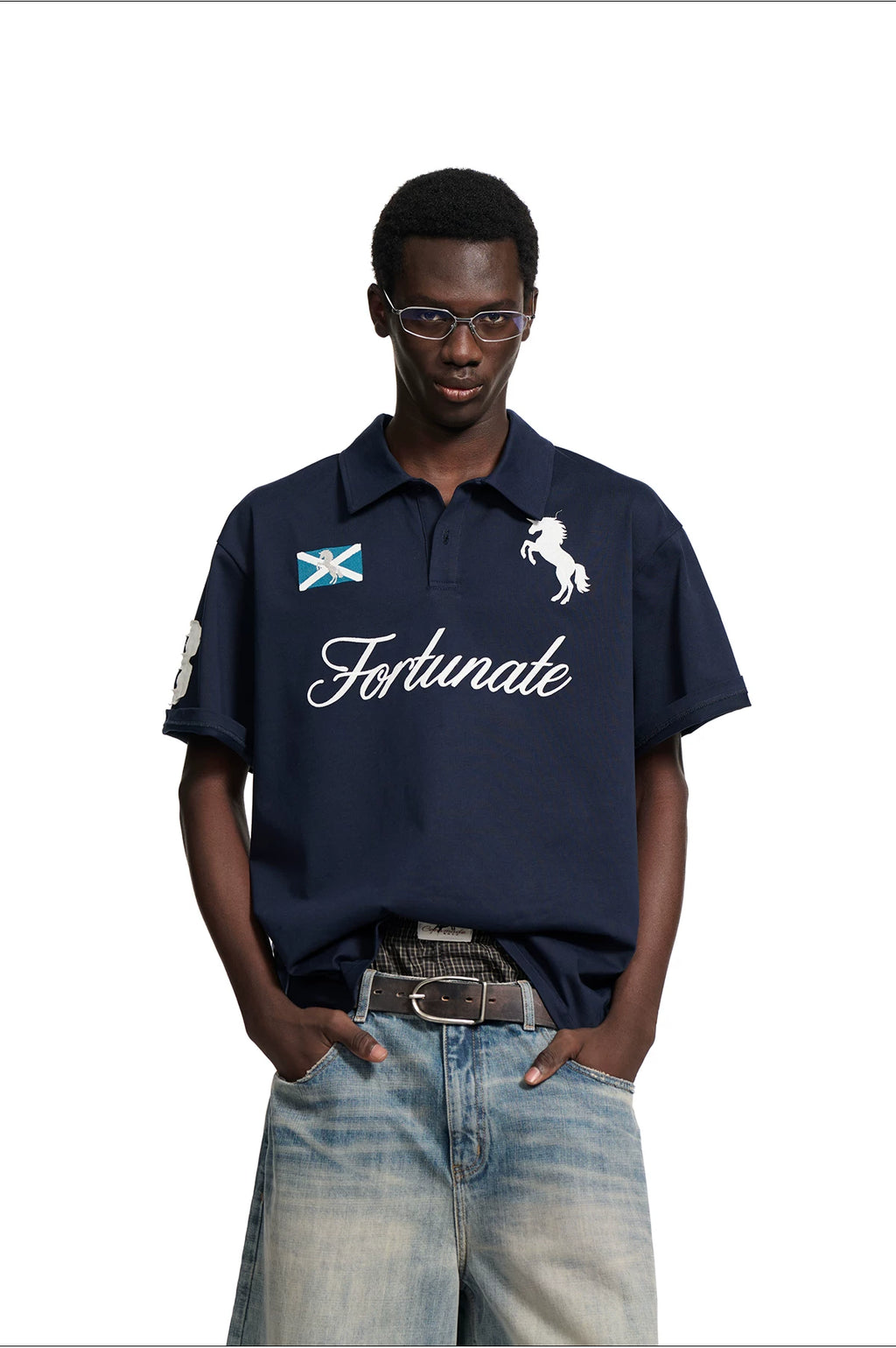 Loopsoon Lapel Front Chest Embroidery Horse Logo Letter Polo Tee