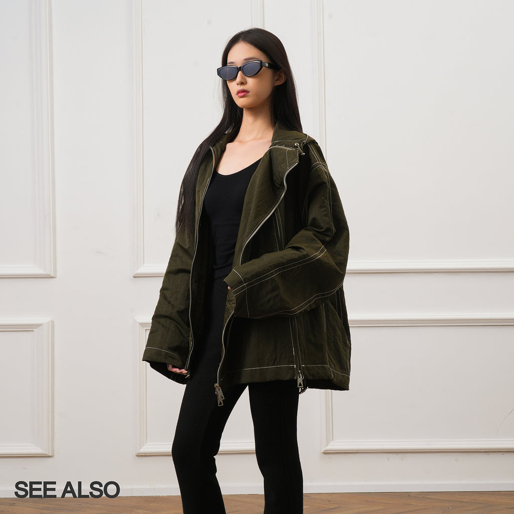 SEE ALSO minimalist slack design oblique symmetrical double zipper with bright line jacket LD4317