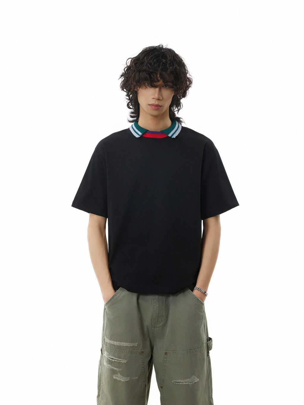 BTSG three-color splicing threaded neckline lapel Tee