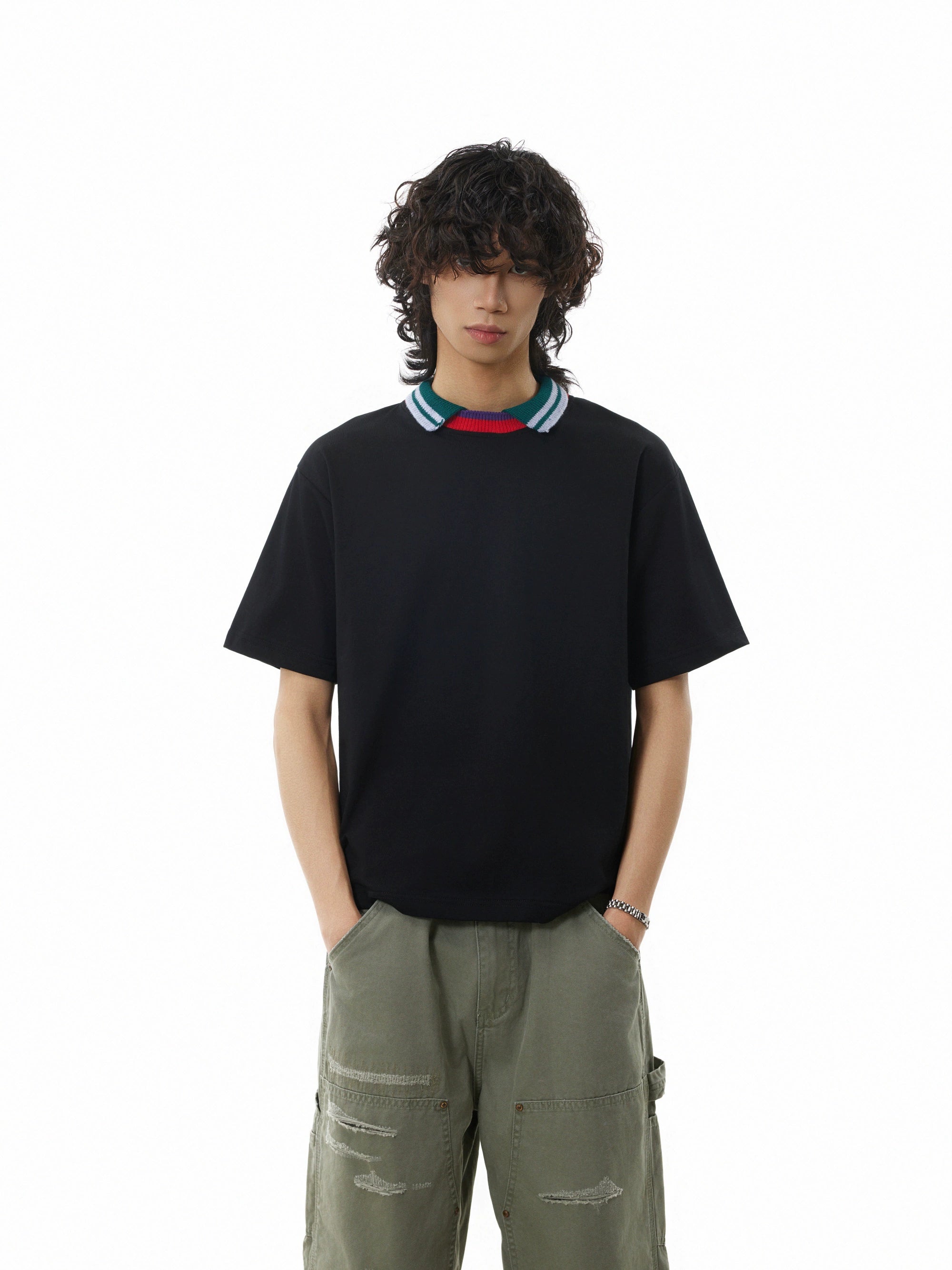 BTSG three-color splicing threaded neckline lapel Tee