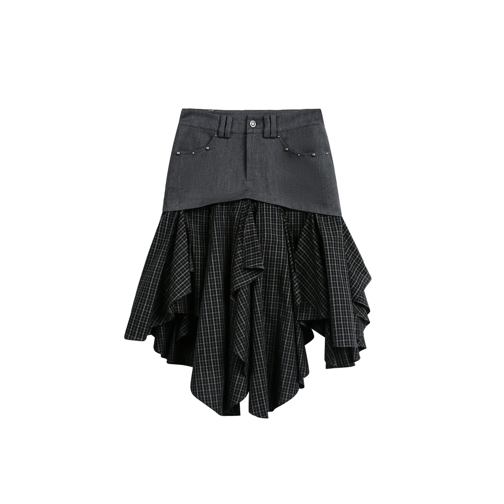 JIKOO Spliced Plaid Pleated Skirt