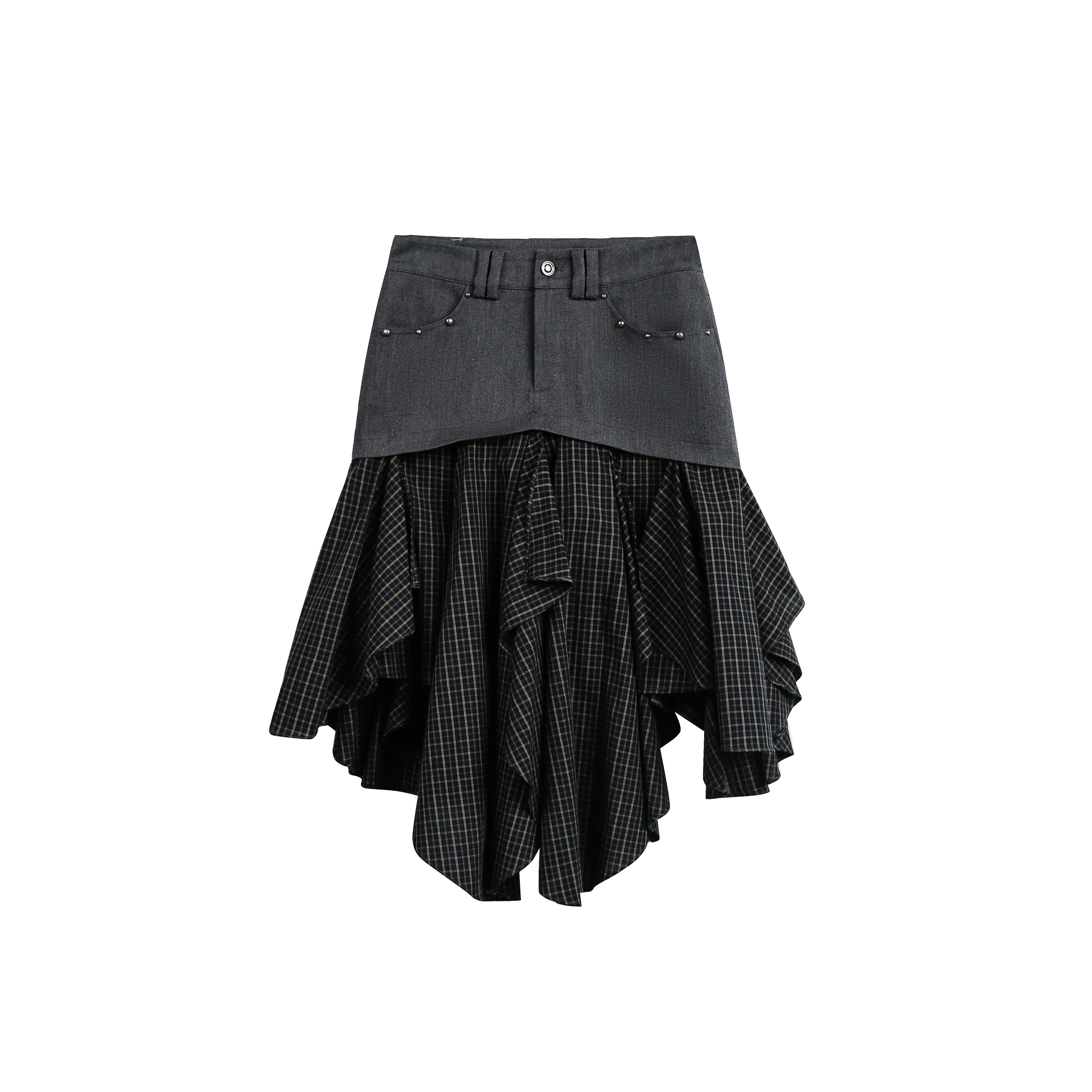 JIKOO Spliced Plaid Pleated Skirt