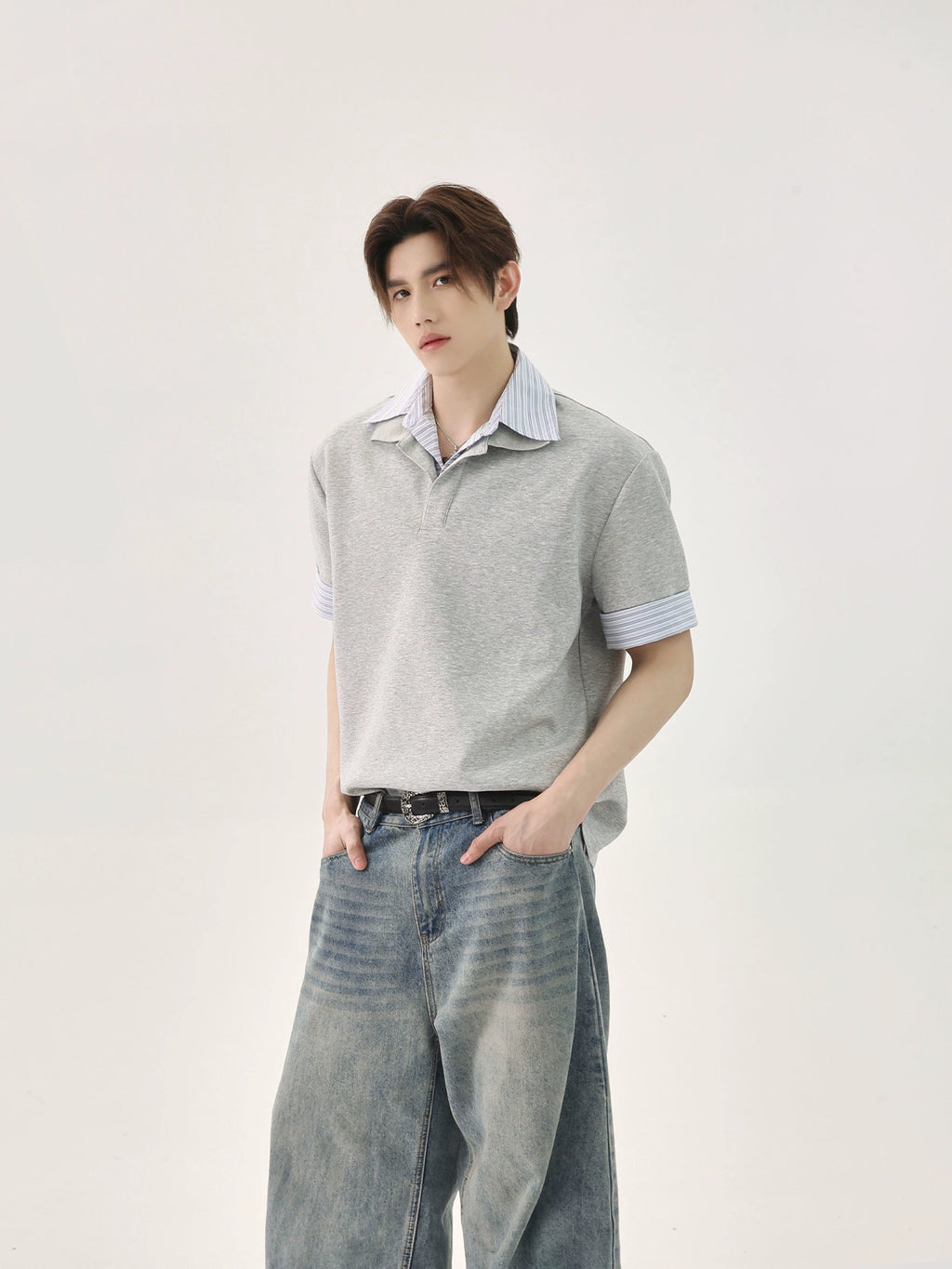 TURNTIDE Spliced Striped Loose Casual Versatile Short-sleeved POLO Shirt