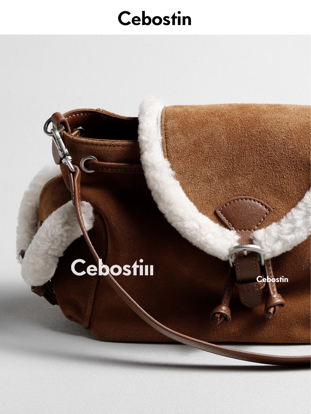 Cebostin Premium Matte Cowhide Splicing Lamb Wool Messenger Bag