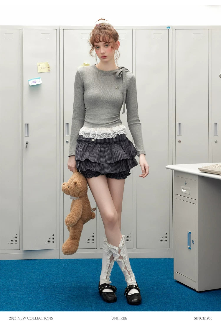 UNIFREE Bow Strap Simple Versatile Lace Edge Long Sleeve