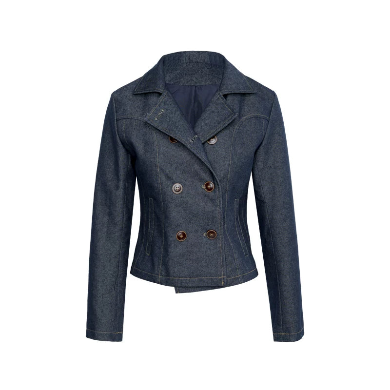Audwyn Retro Double-breasted Lapel Short Slim Imitation Denim Jacket