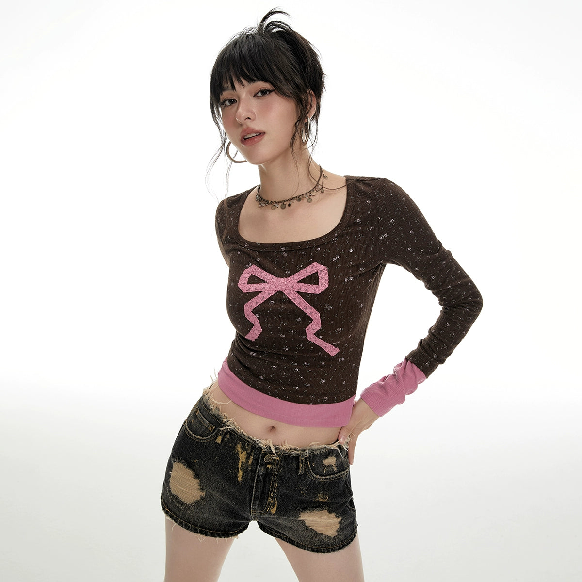 Imone Contrasting Color Retro Floral Three-dimensional Lace Long Sleeve