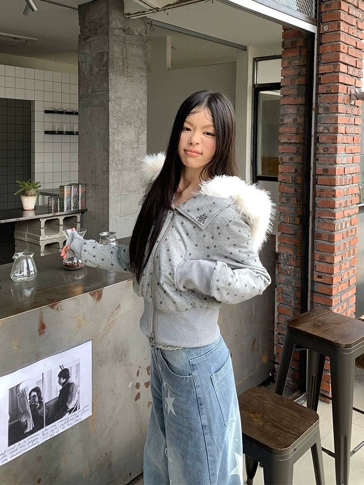 EAHO Star Full Print Removable Fur Collar Hooded Fleece Jacket