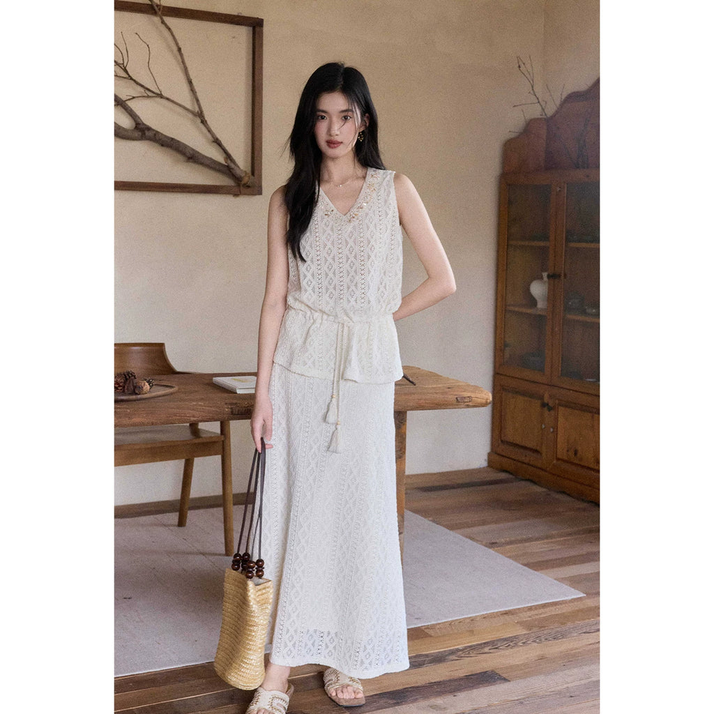 TYANG Bead Drawstring Top Hollow High Waist Skirt Set