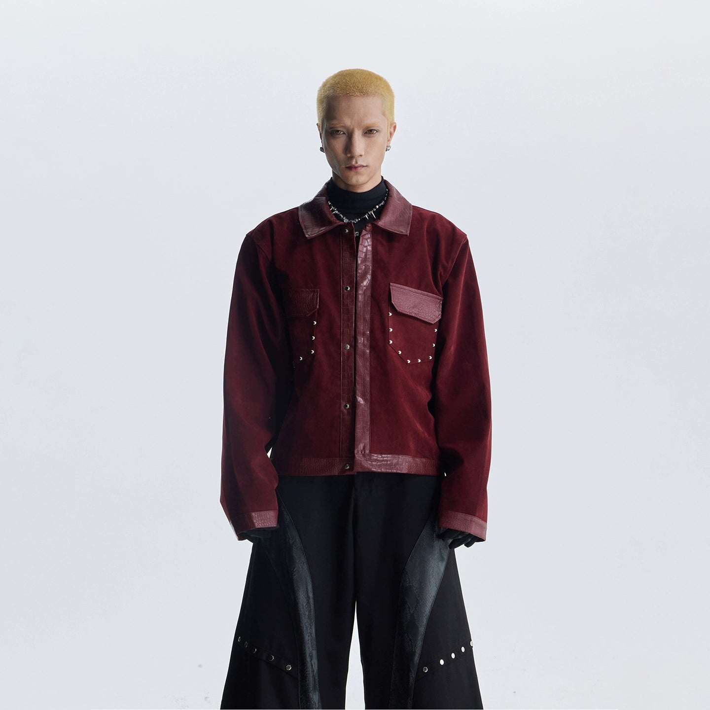 NOMANIAI Splicing Rivets Embellish Flocked Jacket Button Coat