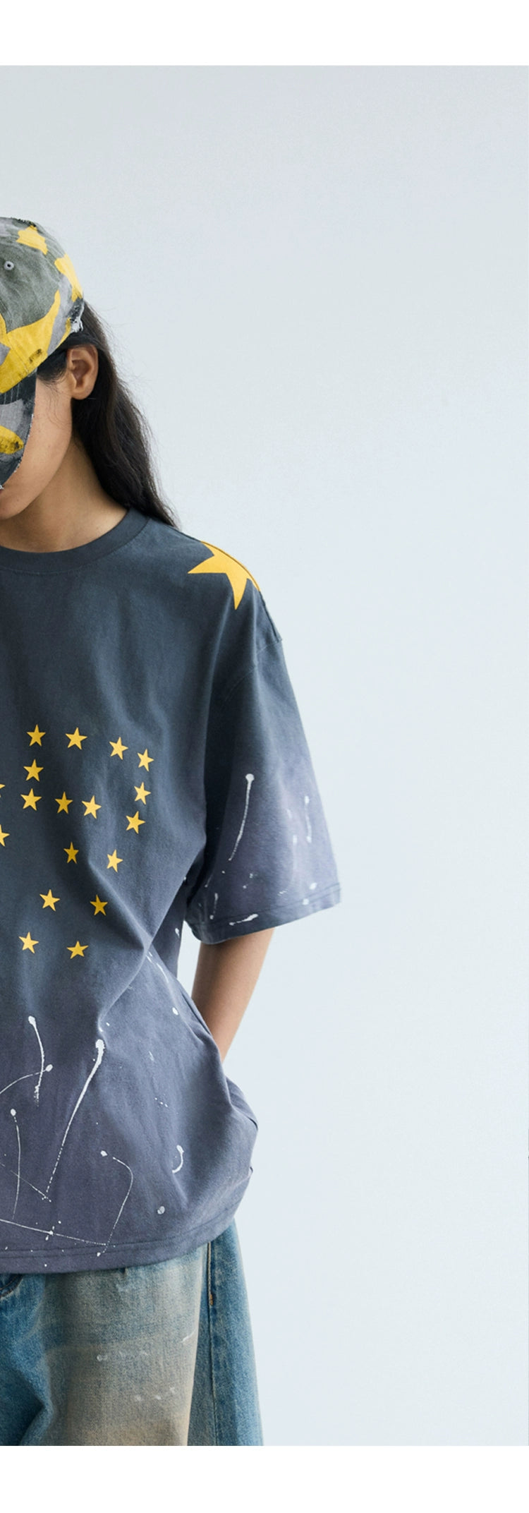 PEOPLESENSE Retro Spray Horse Willow Splashing Ink Printing Gradual Change Washed Tee