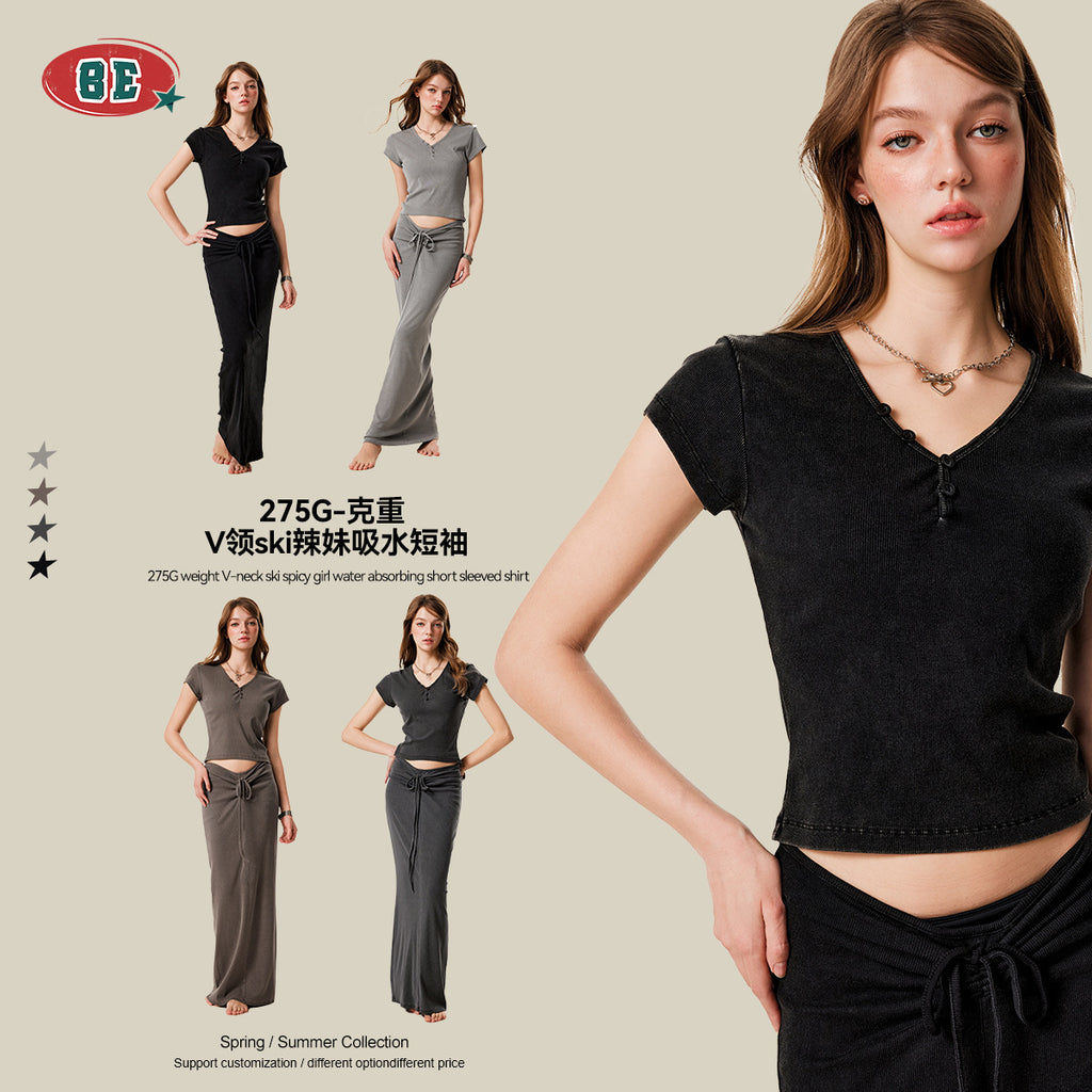 BE Women's slim fit top button v-neck tee