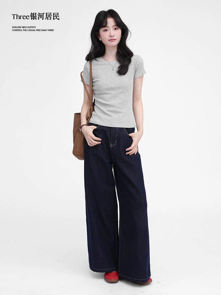 Three Shoulder Crew Neck Slim Short Skinny Tee