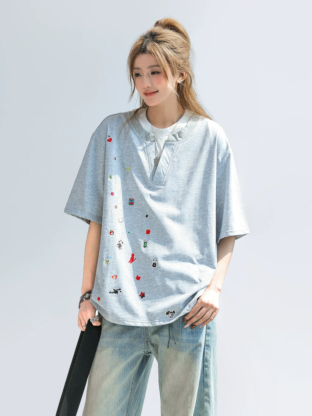CHANT2nd Contrasting Color Splicing Fake Two-piece Loose Tee