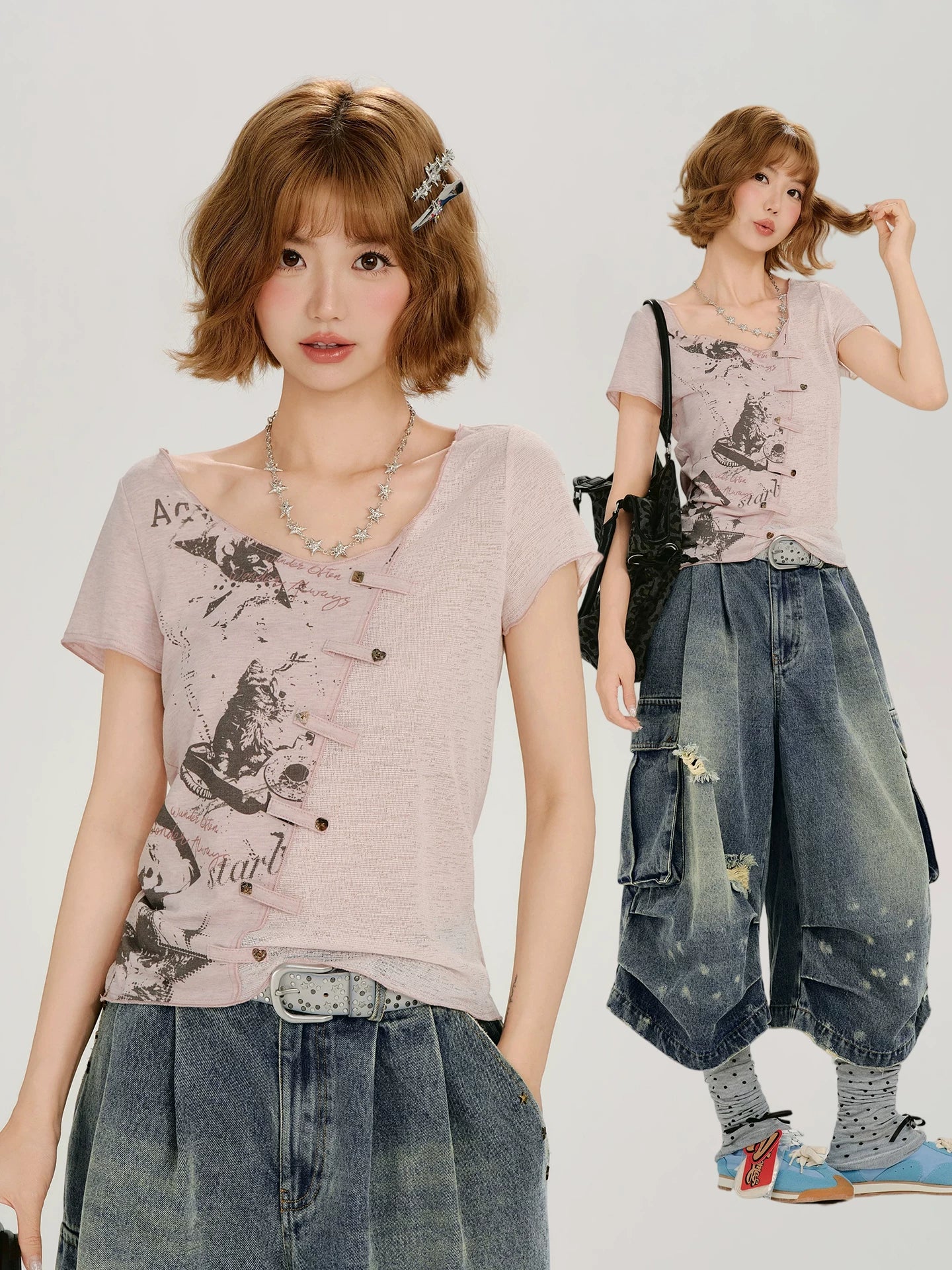 Girlyhalo Vintage Large Crewneck Shoulder-length Slim Tee
