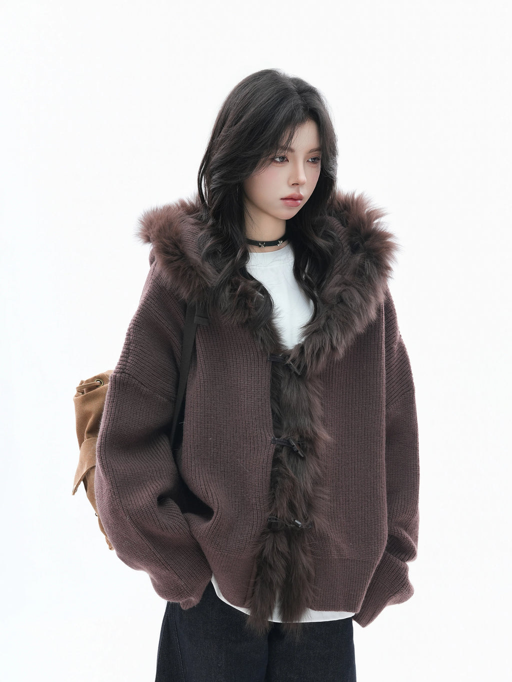 Zuocisankon Retro Big Fur Collar Hooded Knitted Sweater