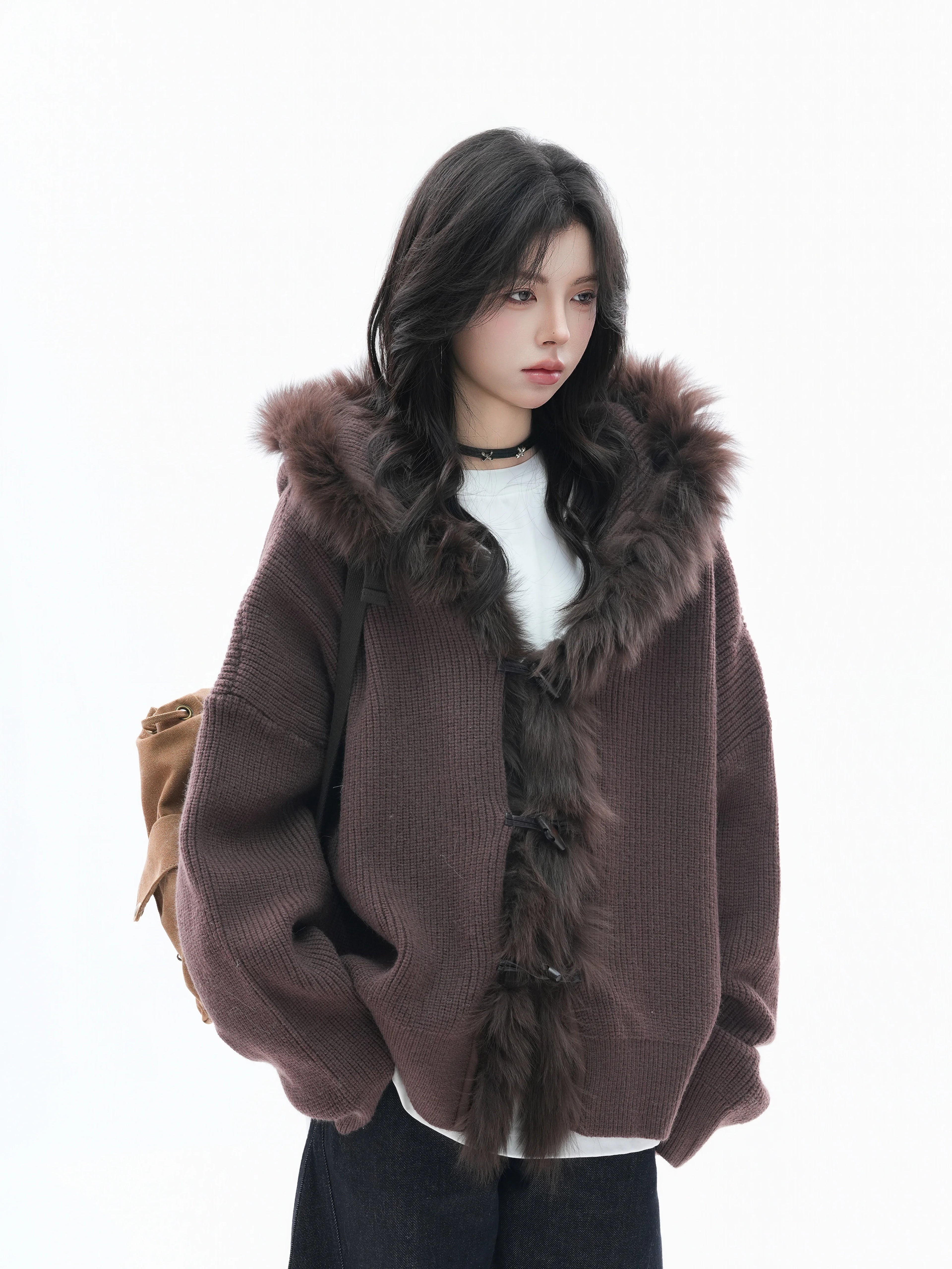Zuocisankon Retro Big Fur Collar Hooded Knitted Sweater