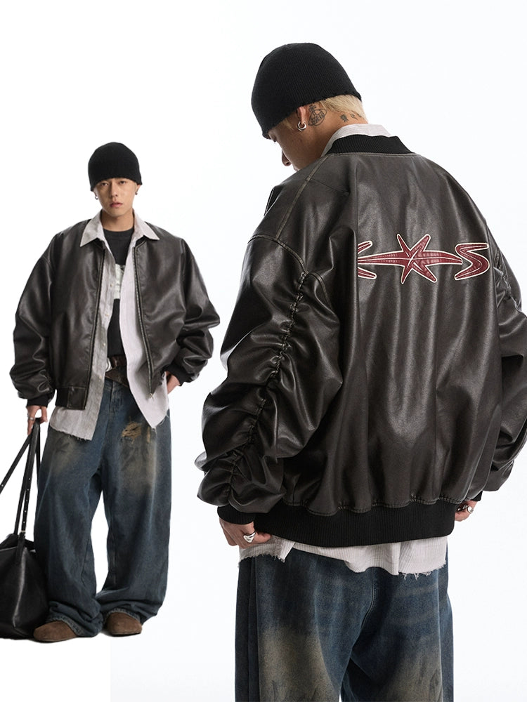 CoosRetro Cloth Embroidered Rubber Leather Jacket