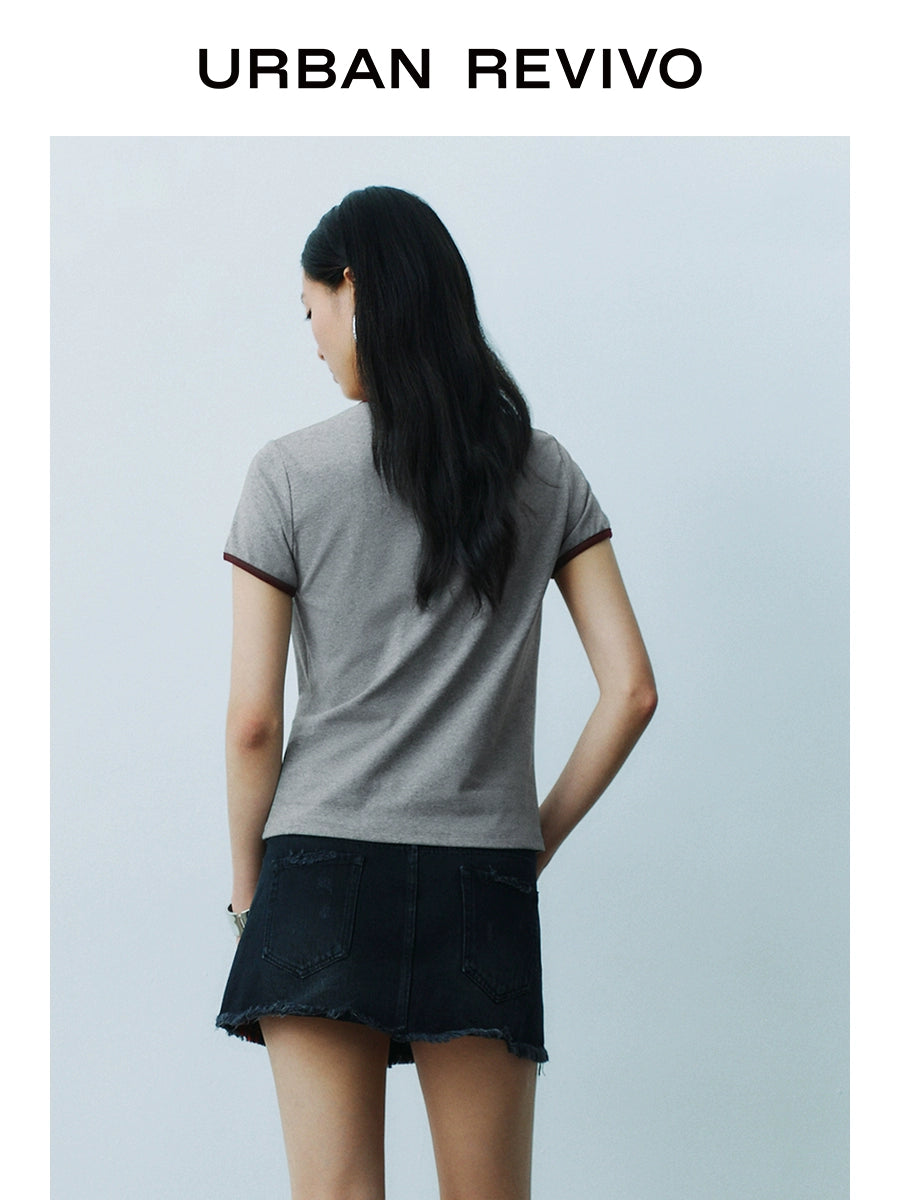 URBAN REVIVO Casual Contrasting Lines Crew Neck Short Sleeve T-Shirt