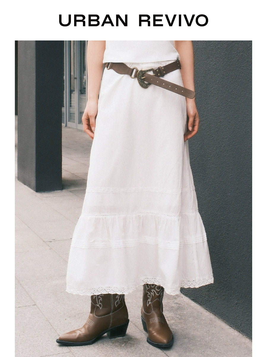 URBAN REVIVO Wave Splicing Lace Skirt