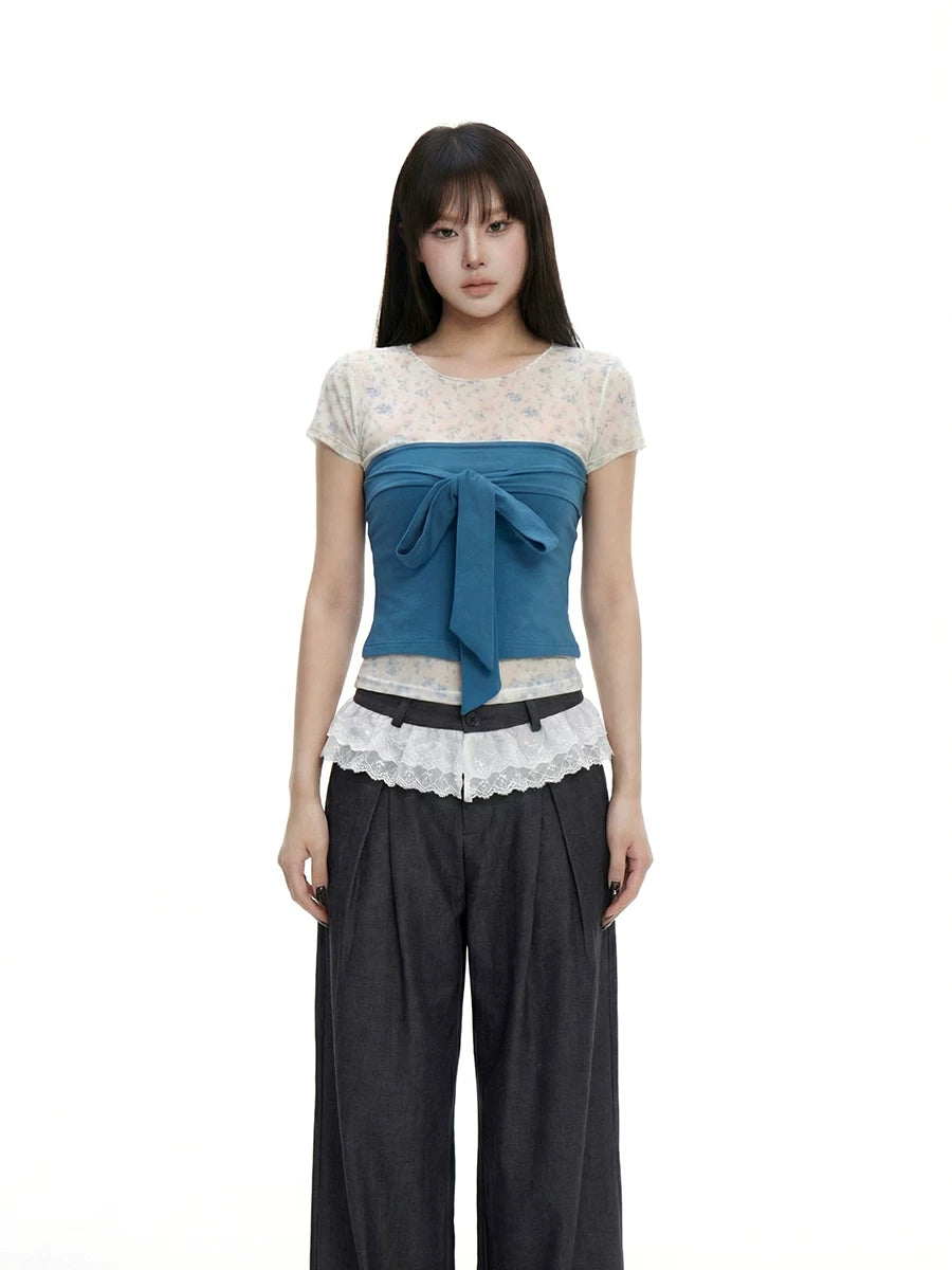 WITHMIN Bow Tube Top Small Floral T-shirt Two-piece Set