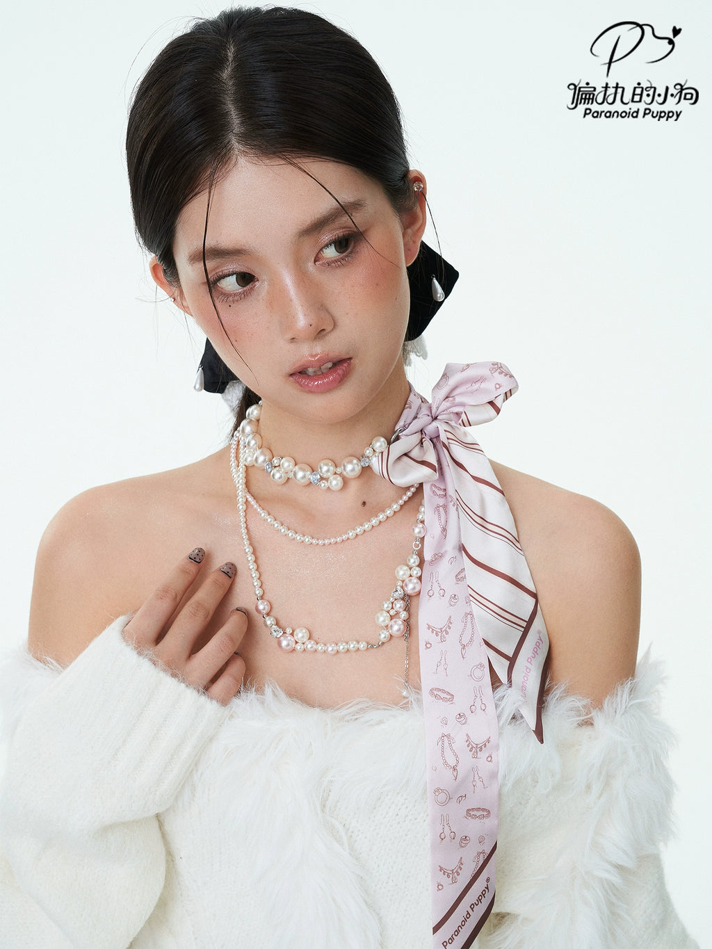 ParanoidP Temperament Light Luxury Bow Silk Scarf Pearl Necklace