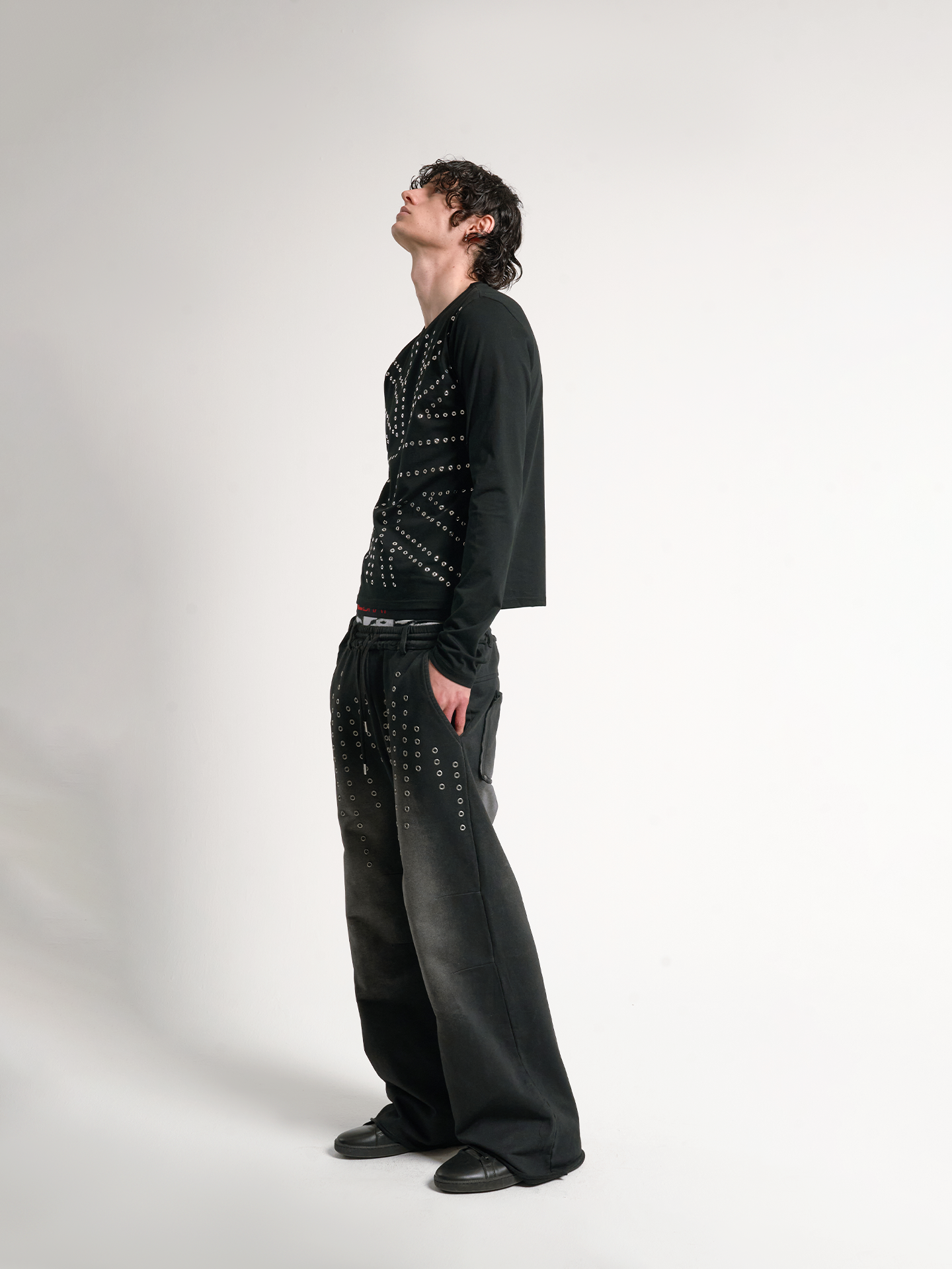 noEmosen hollow rivet plain silver wash baggy sweatpants