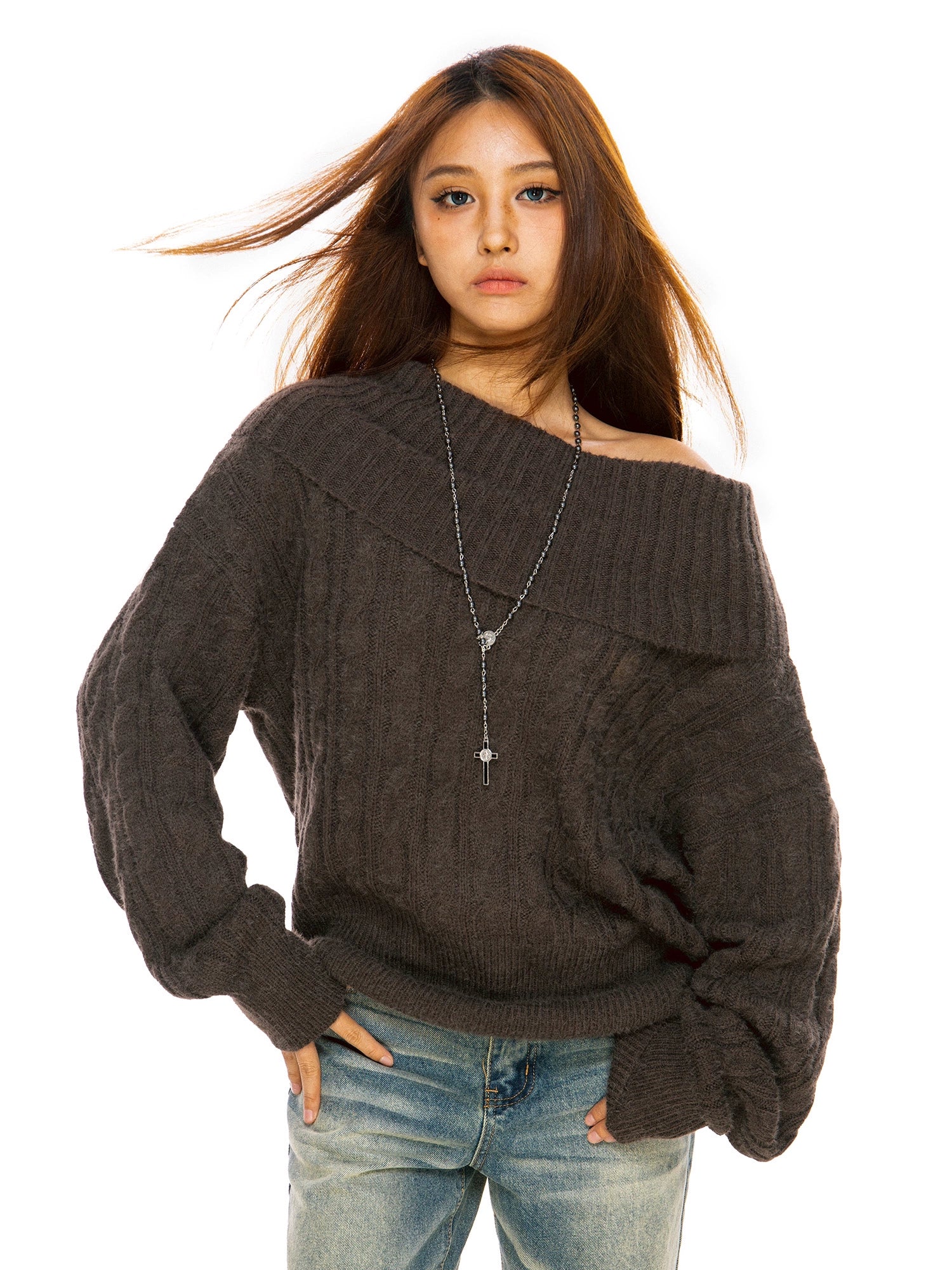 FILIRILI One-word Shoulder Lazy Loose-knit Slanted Shoulder Sweater