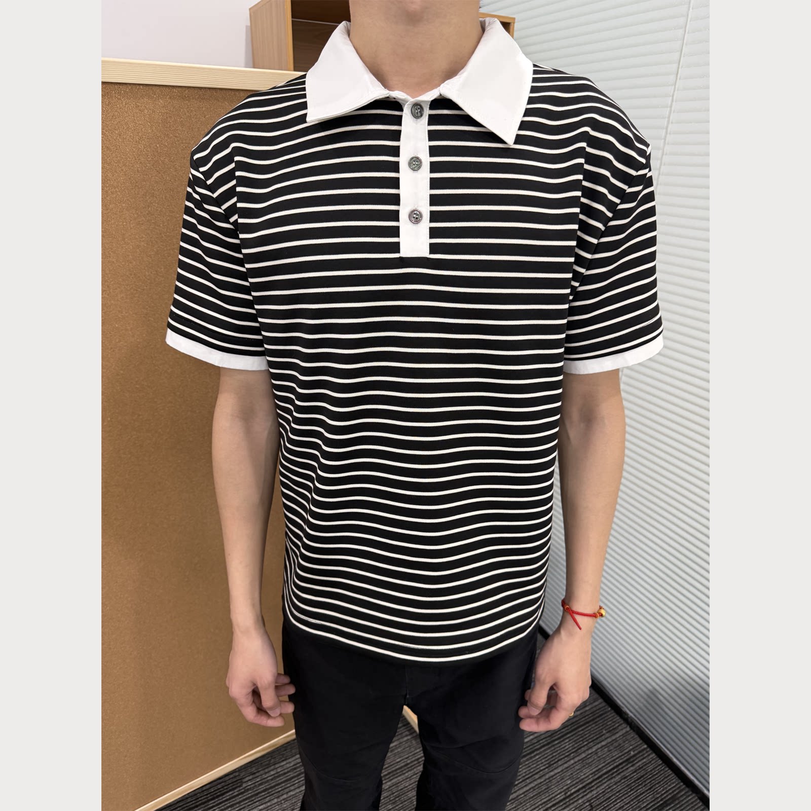 MANUSCRIPT Striped False Two-piece Front Shoulder Contrasting Tee