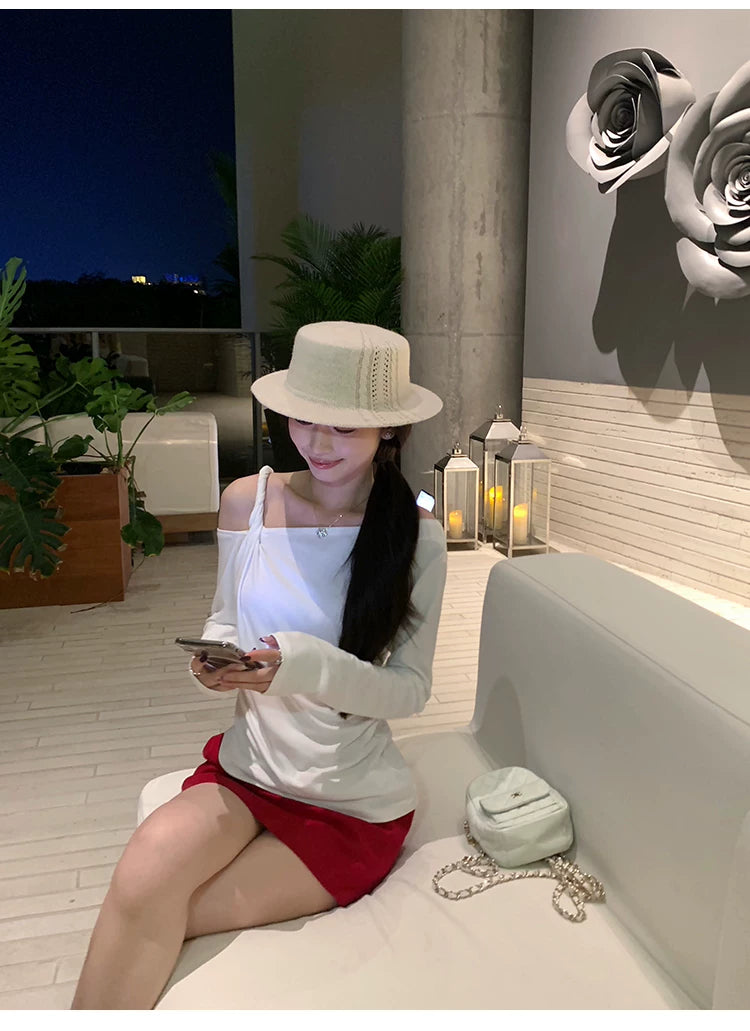 Pusumede Casual Versatile Slash Shoulder Knitted Long Sleeve
