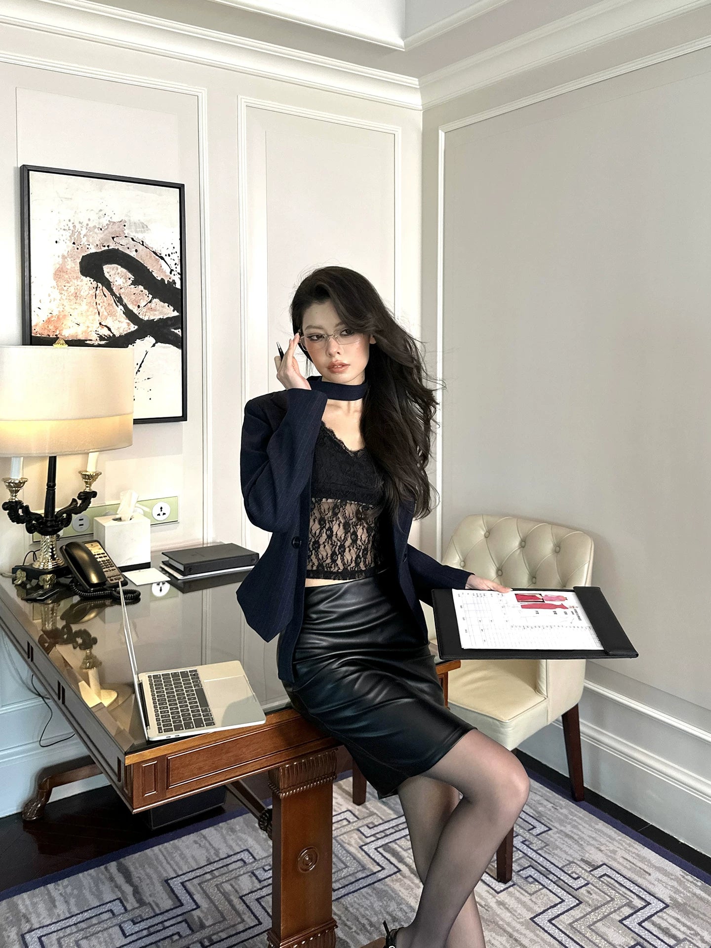 LLROGE Waist Blazer Half-body Leather Skirt Set
