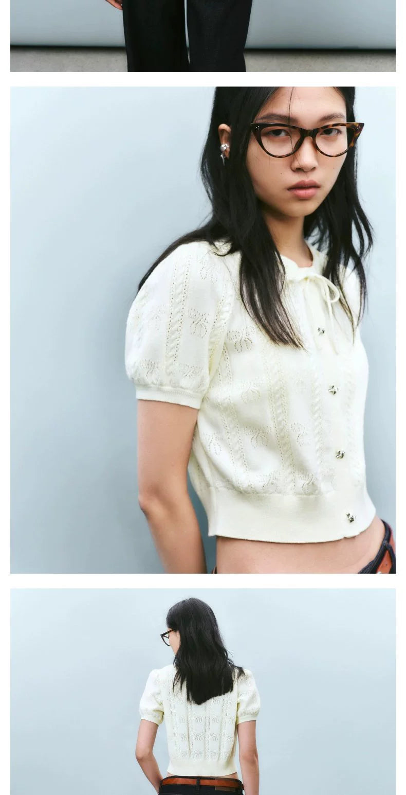 URBAN REVIVO Bow Texture Lace-up Short-sleeved Knitted Sweater