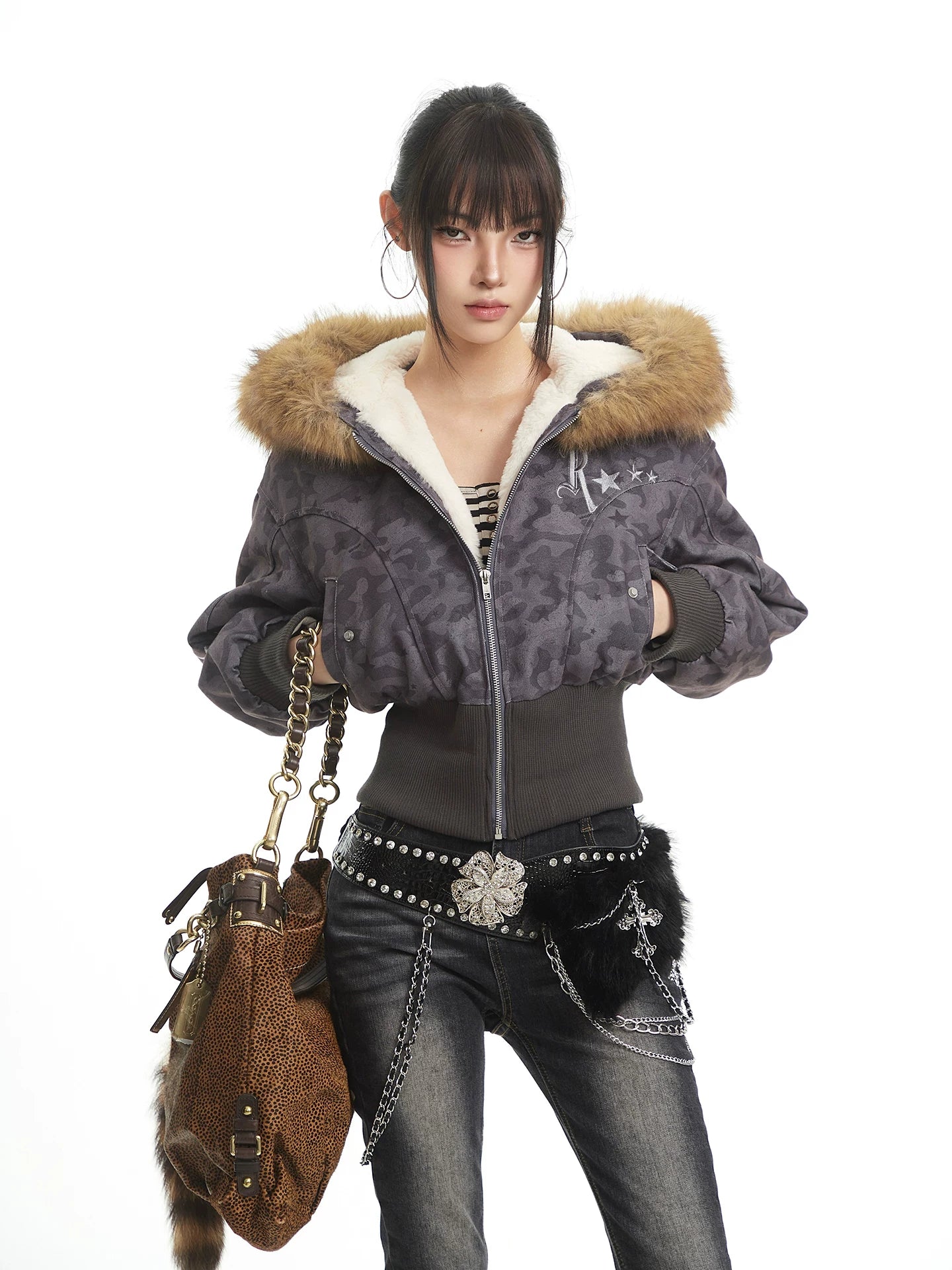 UNCMHISEX Vintage Camouflage Fleece Collar Fleece Waist Short Jacket