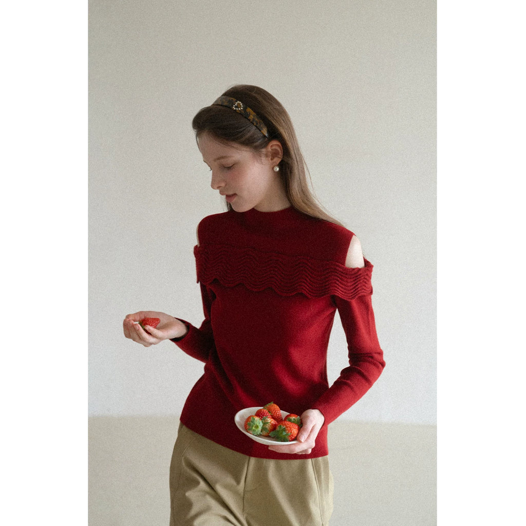 EGGKA Semi-turtleneck Wavy Edge Off-the-shoulder Long-sleeved Knitted Sweater