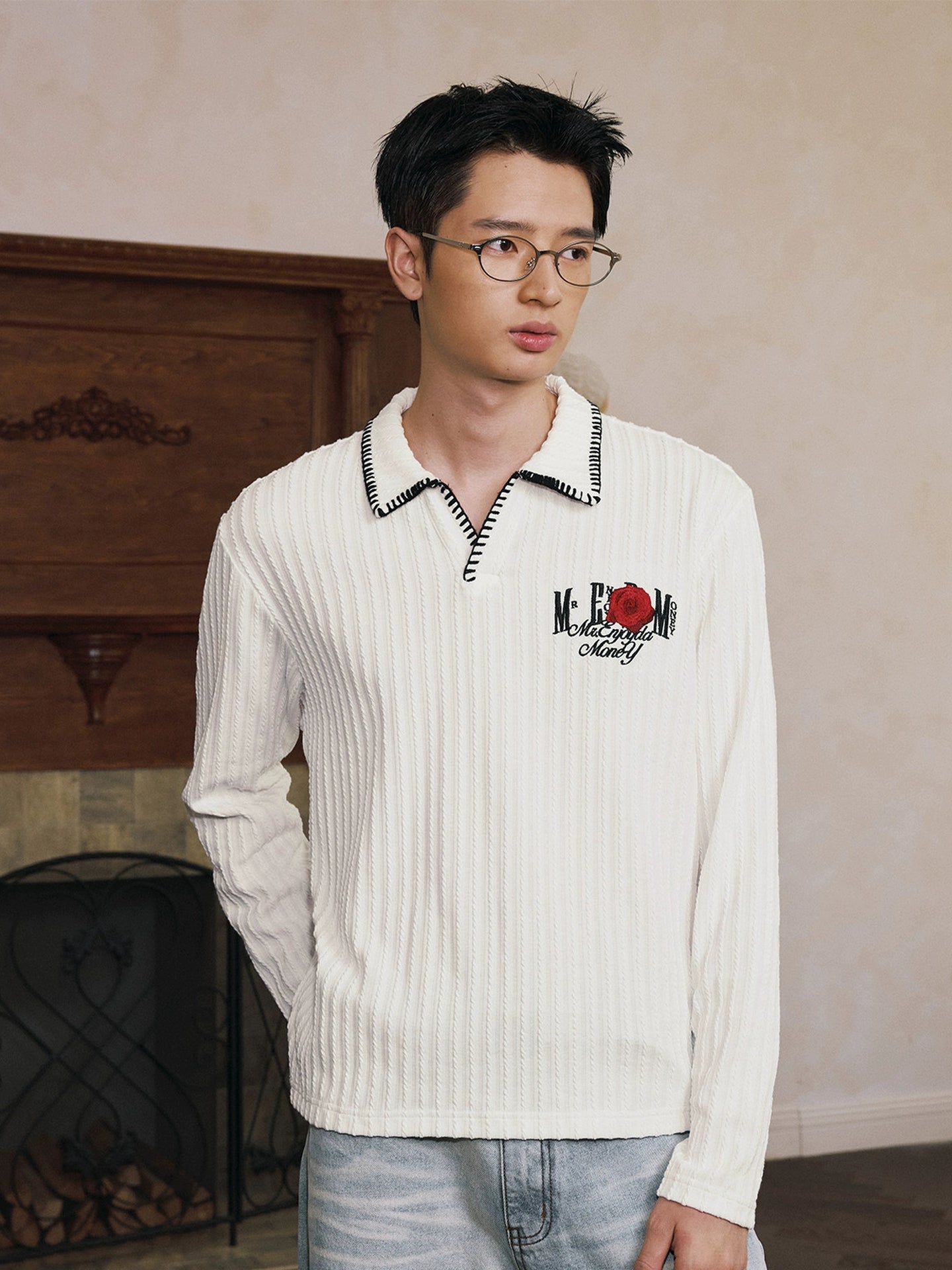 MEDM Hand Stitching Wheat Spike Embroidery Polo Long Sleeve