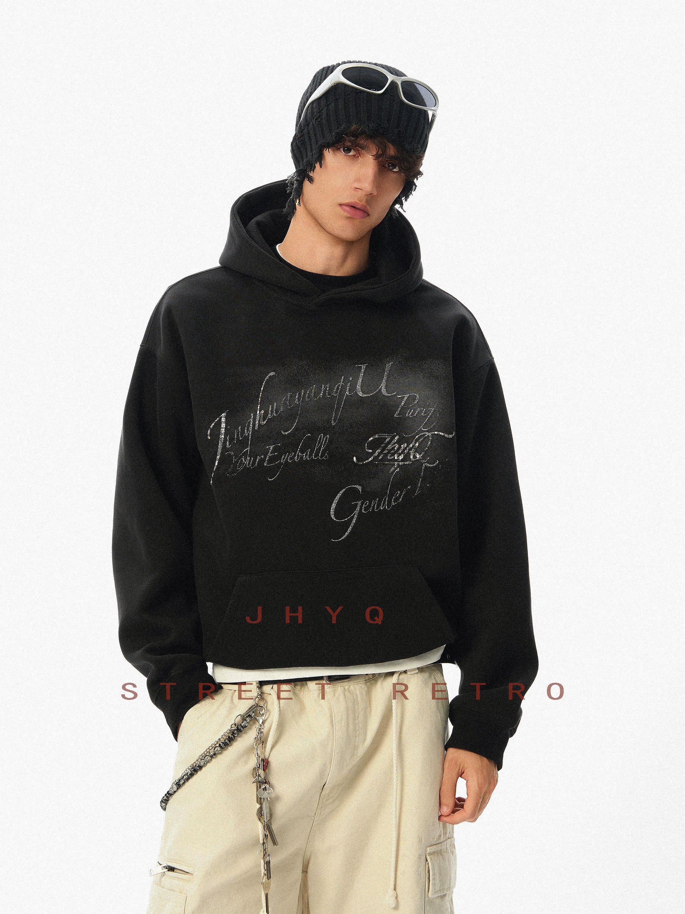 JHYQ Retro Letter Print Hooded Sweater