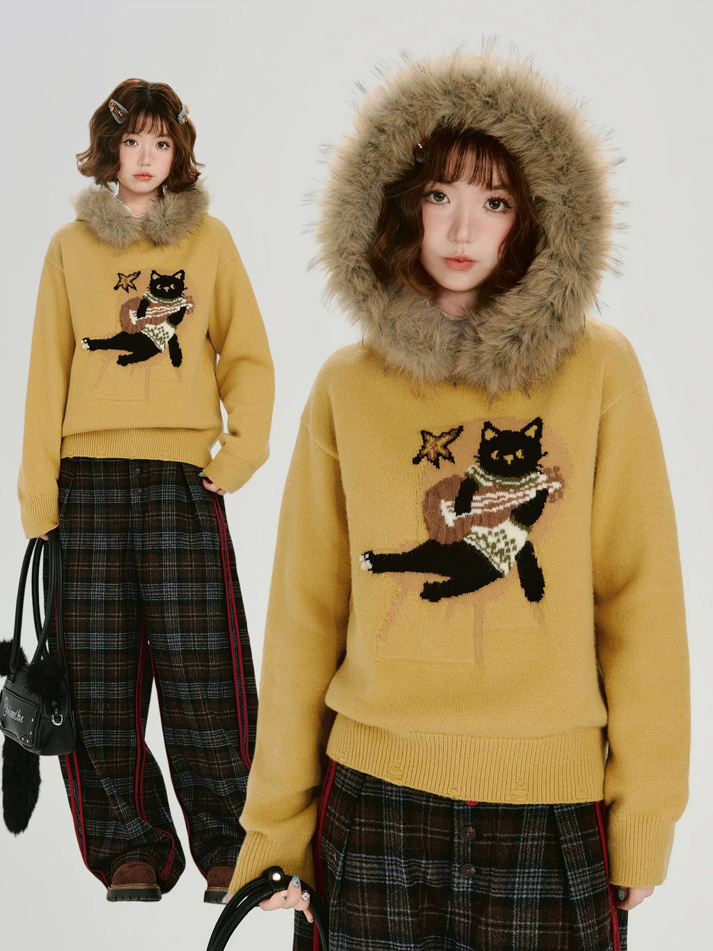 Girlyhalo Vintage Jacquard Collar Hooded Knitted Sweater