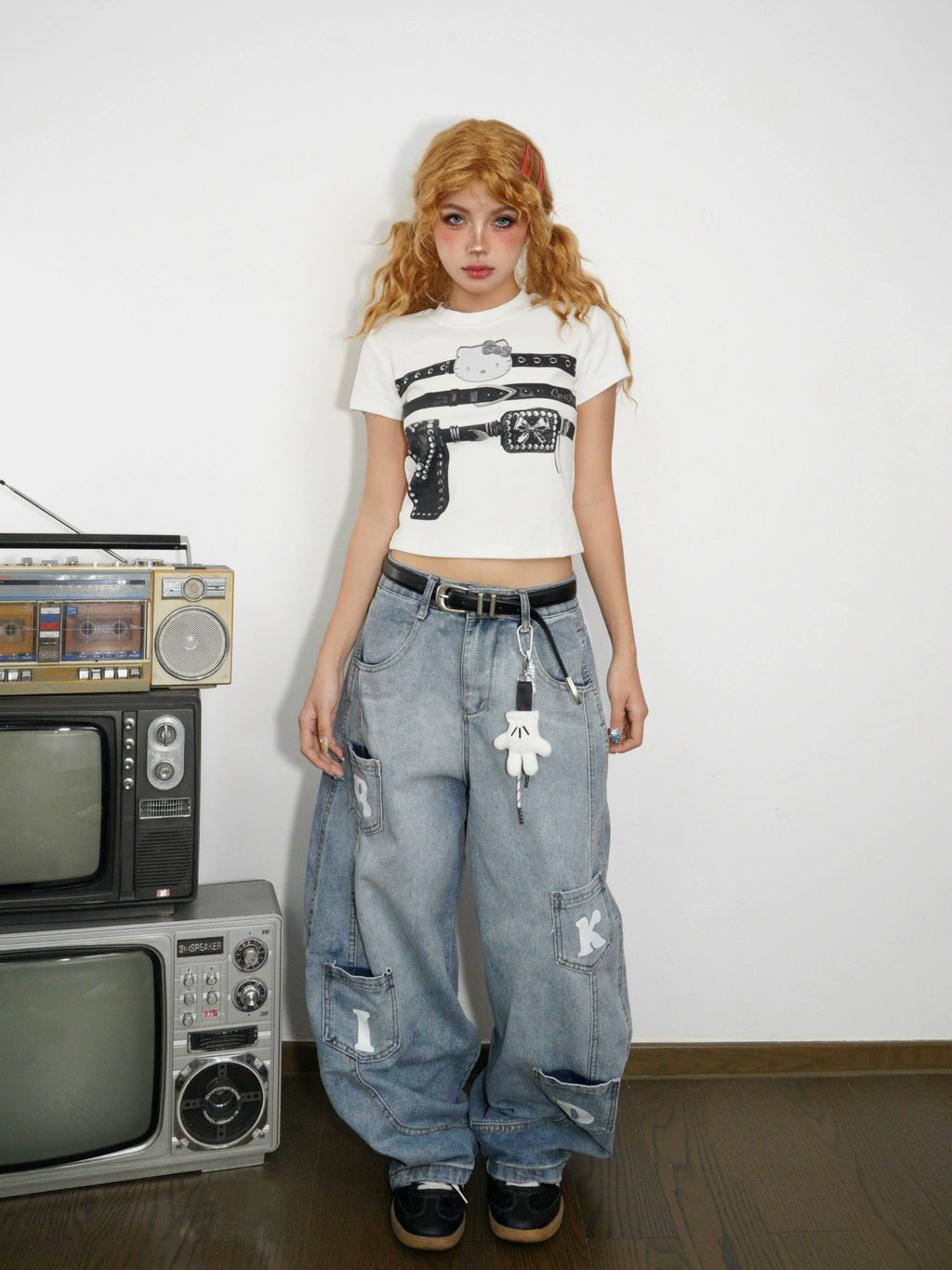 BANGU Belt Print Hello Kitty Front Shoulder Tee