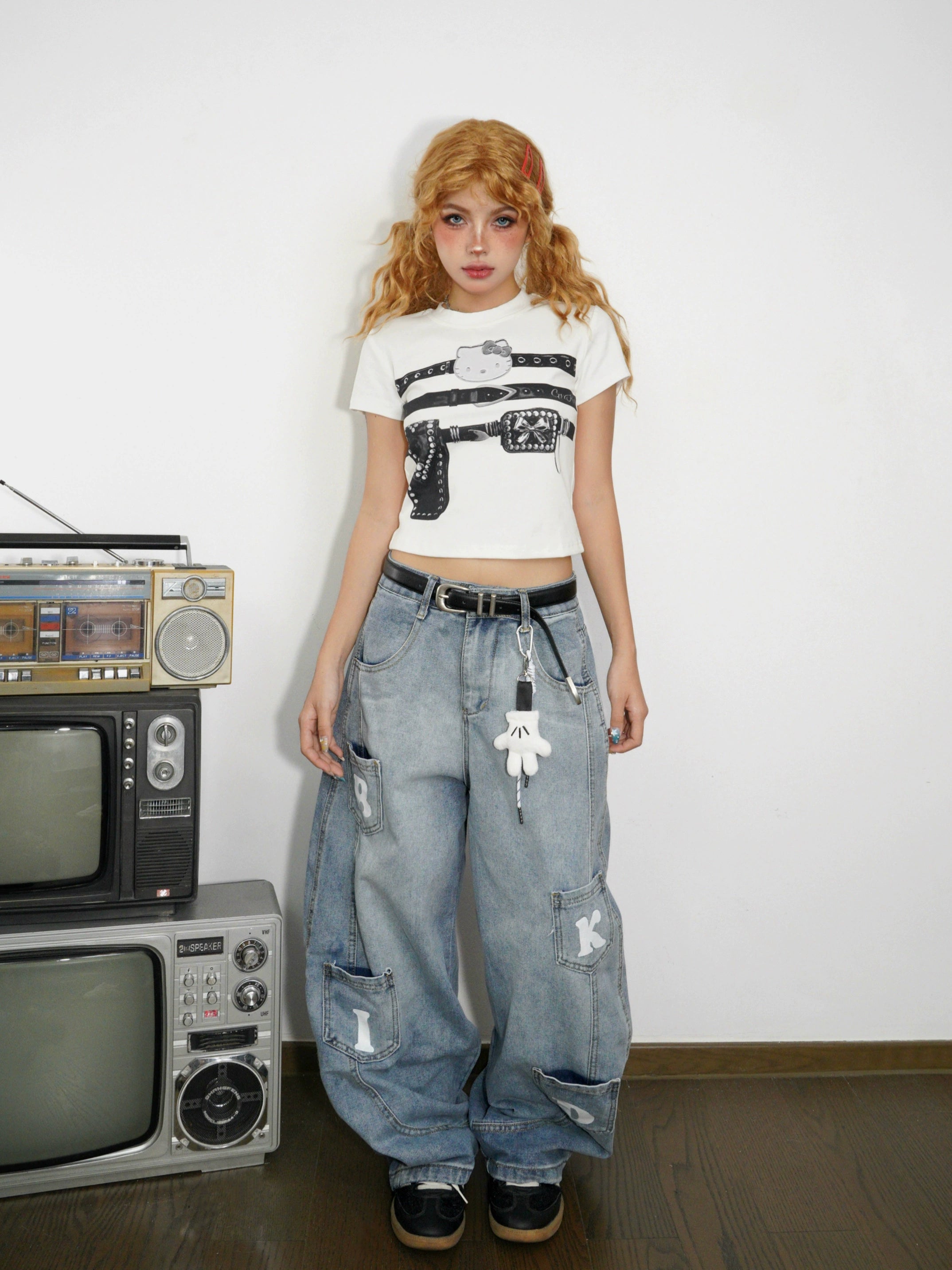 BANGU Belt Print Hello Kitty Front Shoulder Tee